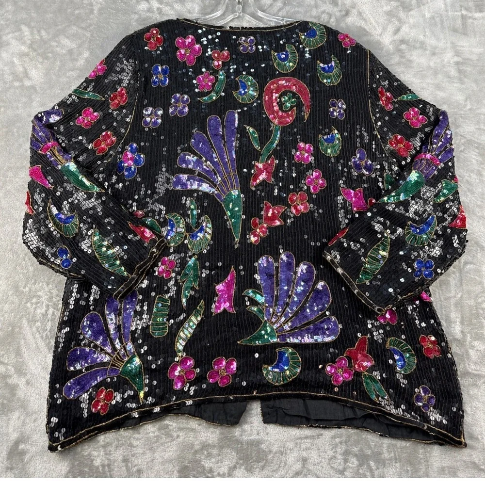 VTG Jean for Joseph Le Bon Jacket Womens XL Silk Sequin Floral Beaded Black EUC